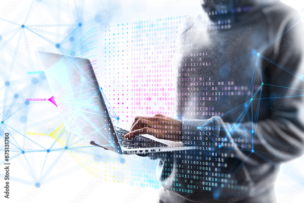 Poster A person using a laptop with digital binary code and network connections overlay, set against a light background, concept of technology