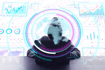 A person with digital overlays depicting analytics and a world map, on a futuristic background, illustrating the concept of global data analysis