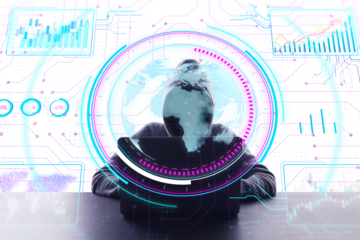 A person with digital overlays depicting analytics and a world map, on a futuristic background, illustrating the concept of global data analysis