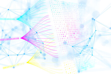 Abstract digital connections with binary code on a white and blue background, concept of network...