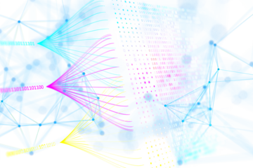 Abstract digital connections with binary code on a white and blue background, concept of network and data exchange. 3D Rendering