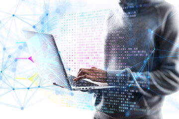 A person using a laptop with digital binary code and network connections overlay, set against a...