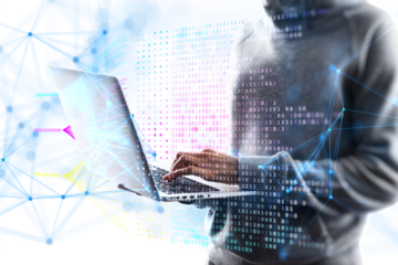 A person using a laptop with digital binary code and network connections overlay, set against a light background, concept of technology