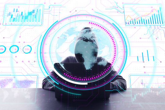 A person with digital overlays depicting analytics and a world map, on a futuristic background, illustrating the concept of global data analysis