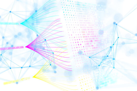 Abstract digital connections with binary code on a white and blue background, concept of network and data exchange. 3D Rendering - Powered by Adobe