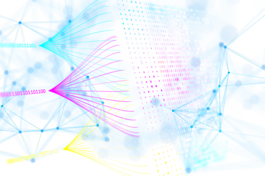 Abstract digital connections with binary code on a white and blue background, concept of network and data exchange. 3D Rendering