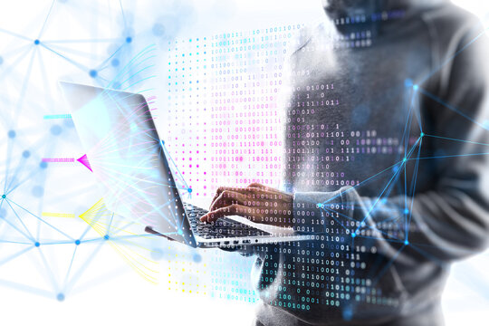 A person using a laptop with digital binary code and network connections overlay, set against a light background, concept of technology