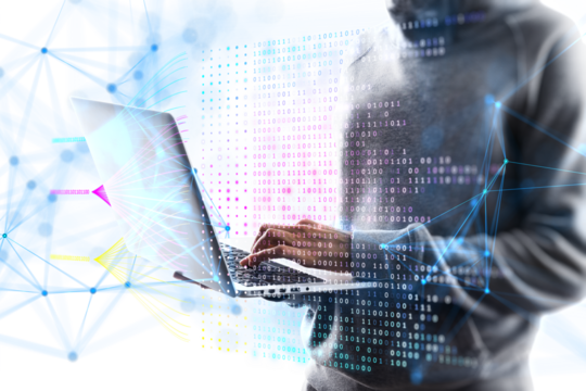 A person using a laptop with digital binary code and network connections overlay, set against a light background, concept of technology