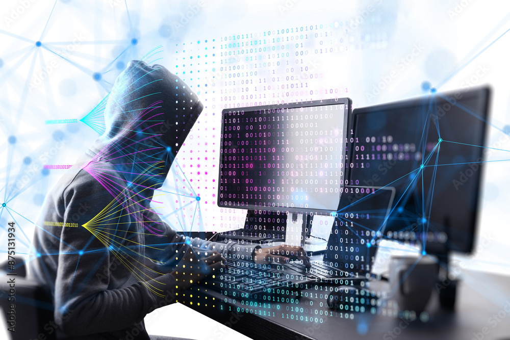 Poster A person in a hoodie typing on a keyboard with digital binary code and network lines overlay, concept of hacking or cybersecurity