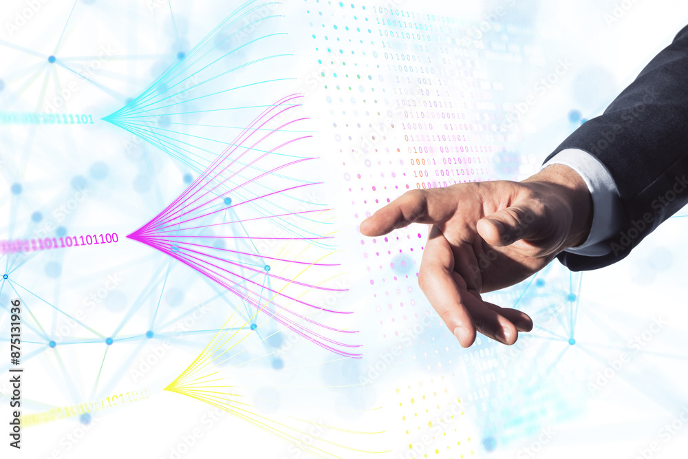 Aufkleber A businessman's hand interacting with futuristic digital graphics on a light, abstract background, depicting data and technology concepts