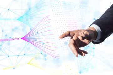 A businessman's hand interacting with futuristic digital graphics on a light, abstract background, depicting data and technology concepts
