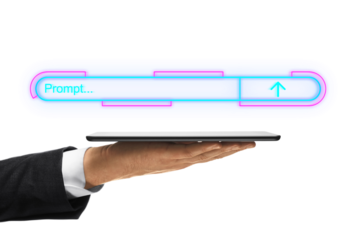 A hand holding a tablet with a neon glowing prompt and arrow on a white background, indicating a concept of direction, guidance, or technology
