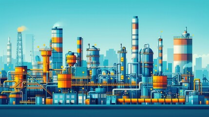A vibrant illustration of a bustling industrial complex with tall smokestacks and a variety of processing equipment.