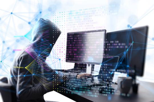 A person in a hoodie typing on a keyboard with digital binary code and network lines overlay, concept of hacking or cybersecurity