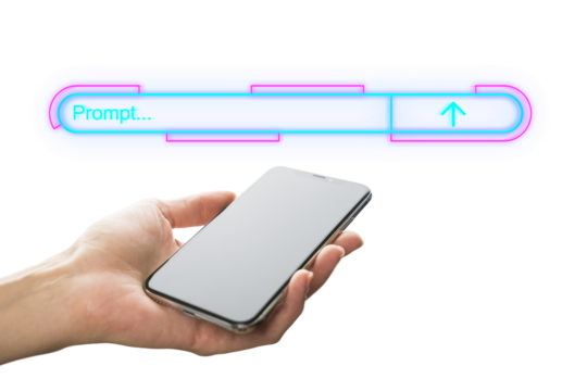 A hand holding a smartphone with a neon glow prompt arrow graphic illustration, against a white background, conveying a concept of direction