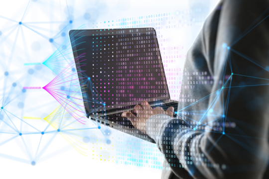 A person in a hood typing on a laptop, with a digital overlay of binary code and network connections on a white and blue background, concept of cybersecurity