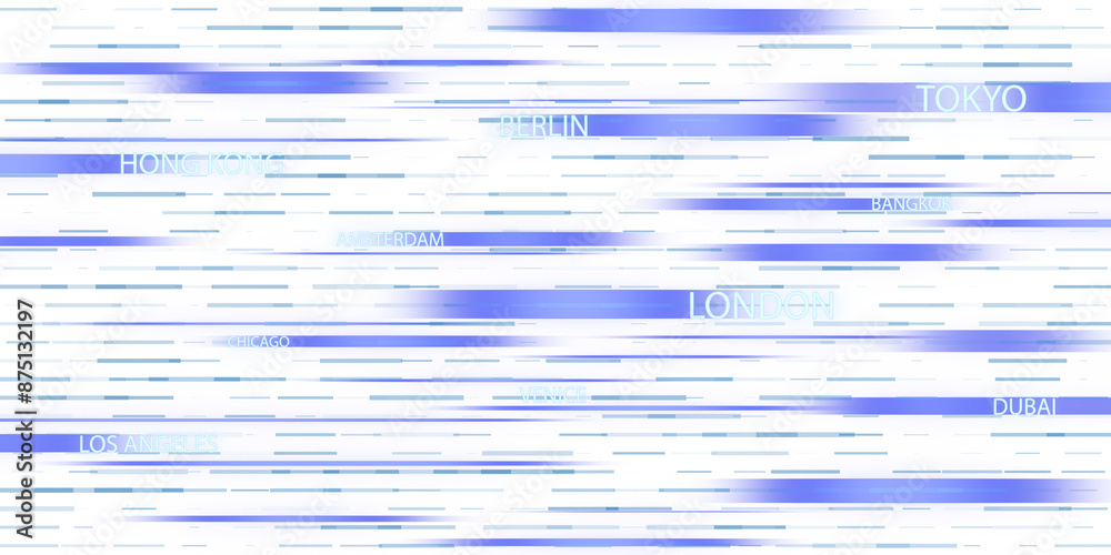 Poster Abstract digital artwork with city names overlaying dynamic blue and white horizontal lines on a clean background, concept of motion and connectivity. 3D Rendering