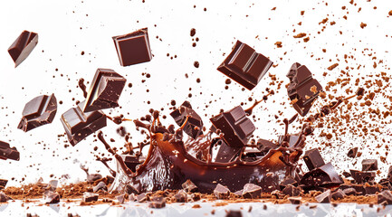 A photo of chocolate splashing in the air, white background, high speed photography, full body shot, 2K, hyper quality