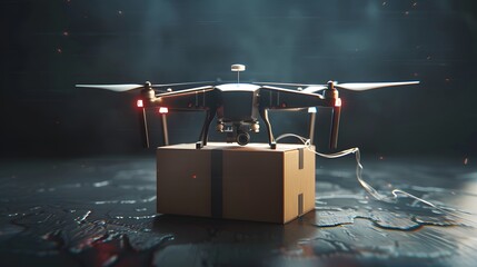 Realistic drone carrying the box, 3d rendering.