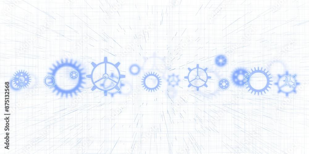 Poster Assorted gears and cogs in blueprint style over technical sketch lines on a white background, representing mechanical design. 3D Rendering