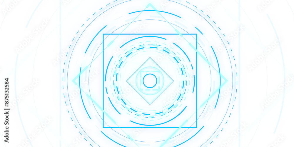 Poster abstract blue geometric shapes on a white background, depicting a digital or technological concept. 