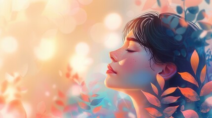 Fototapeta premium A woman with closed eyes, bathed in warm light, surrounded by delicate leaves. Her face suggests peace and tranquility.