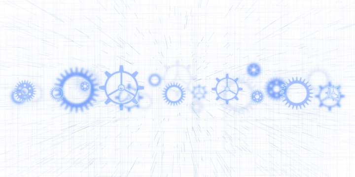 Assorted gears and cogs in blueprint style over technical sketch lines on a white background, representing mechanical design. 3D Rendering