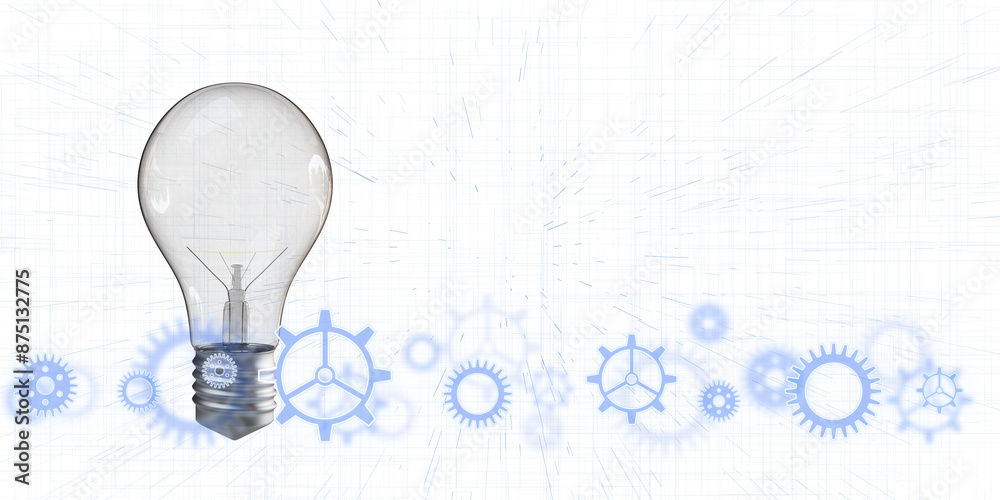 Poster Light bulb with blue gears on a white blueprint-style background, depicting innovation and conceptual design. 3D Rendering