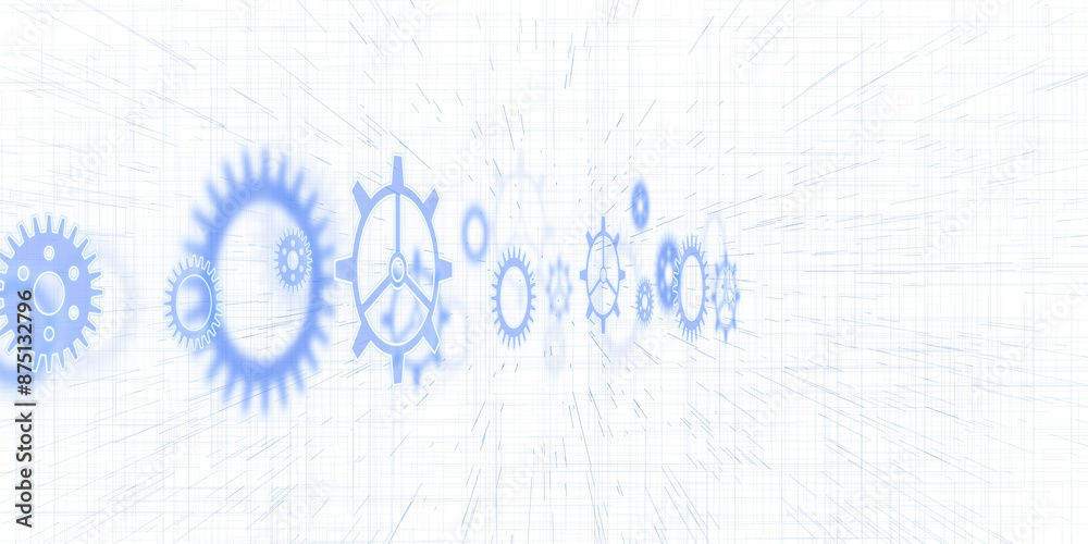 Poster An array of blue gears and cogs fading on a white technical drawing background, concept of mechanics and engineering. 3D Rendering