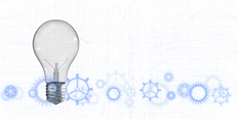 Light bulb with blue gears on a white blueprint-style background, depicting innovation and conceptual design. 3D Rendering