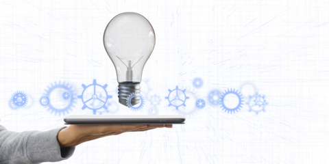 A hand holding a tablet with a light bulb and blue gears floating above, on a white background with abstract lines, symbolizing innovation