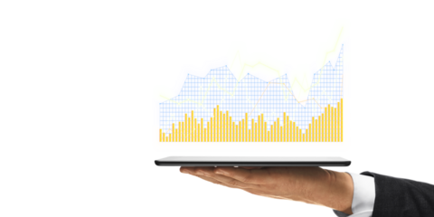 An open palm holding a digital tablet displaying bar and line graphs, on a white background, concept of business growth