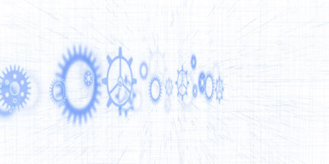 An array of blue gears and cogs fading on a white technical drawing background, concept of mechanics and engineering. 3D Rendering