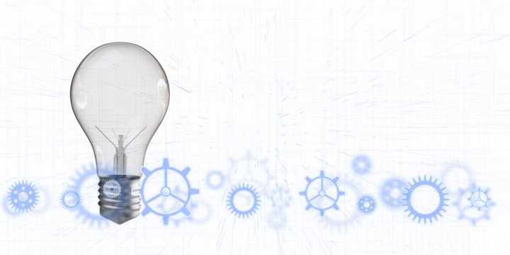 Light bulb with blue gears on a white blueprint-style background, depicting innovation and conceptual design. 3D Rendering