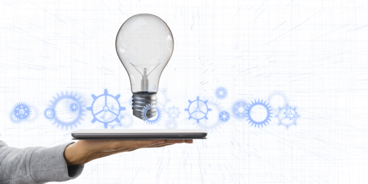 A hand holding a tablet with a light bulb and blue gears floating above, on a white background with abstract lines, symbolizing innovation