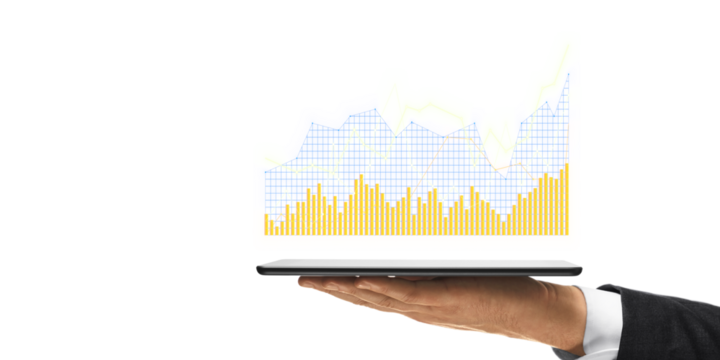 An open palm holding a digital tablet displaying bar and line graphs, on a white background, concept of business growth