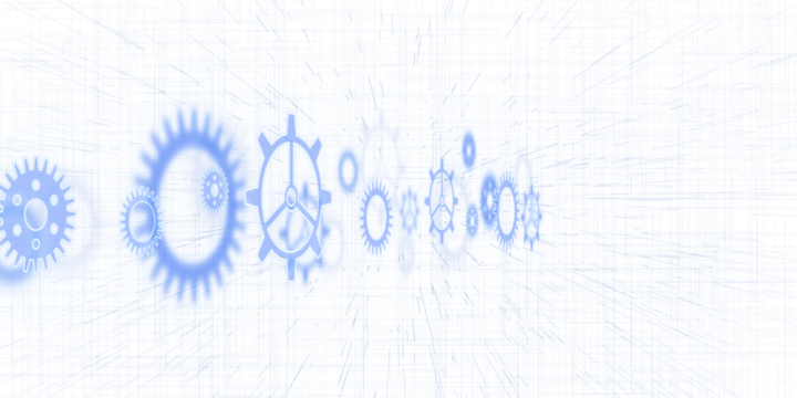 An array of blue gears and cogs fading on a white technical drawing background, concept of mechanics and engineering. 3D Rendering