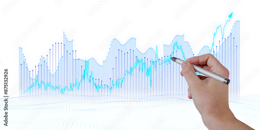 Poster hand drawing a blue graph curve on a transparent grid, concept of analysis, isolated on white backgr