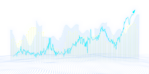 Abstract financial chart with upward trend line graph on a dotted grid background, concept of growth and success. 3D Rendering