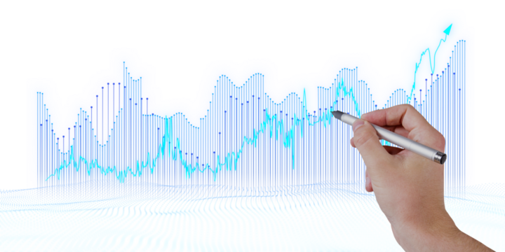 Hand drawing a blue graph curve on a transparent grid, concept of analysis, isolated on white background