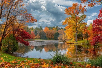 Scenic autumn landscape with vibrant fall foliage and serene lake, featuring colorful trees reflecting in the water under a dramatic sky.