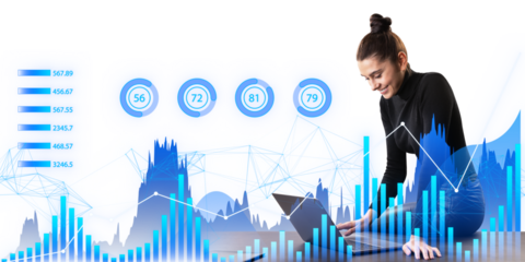 A woman interacting with futuristic digital graphs and analytics on a white background, symbolizing data analysis or financial technology
