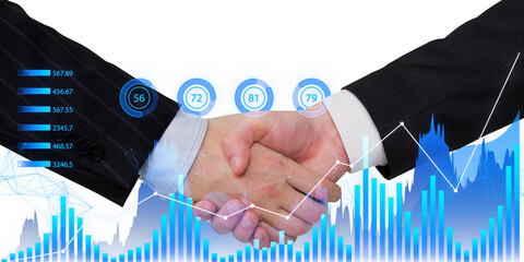 Two professionals shaking hands with futuristic digital graphics and statistics overlay on a city skyline background, concept of business analytics