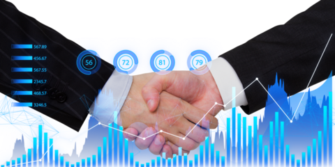 Two professionals shaking hands with futuristic digital graphics and statistics overlay on a city skyline background, concept of business analytics