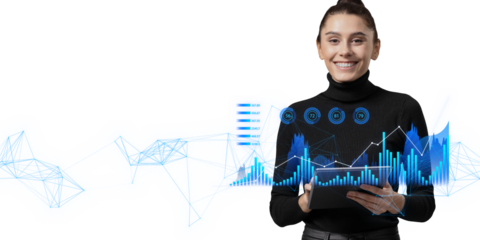 Smiling woman with a digital tablet presenting financial data holograms, on a white and blue background, concept of analytics