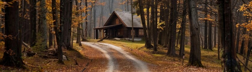 Cozy wooden cabin nestled in the heart of a serene forest during autumn with a winding path leading to it.