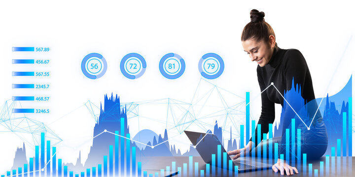 A woman interacting with futuristic digital graphs and analytics on a white background, symbolizing data analysis or financial technology