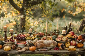 Rustic outdoor autumn harvest feast with fruits, bread, candles, and wine on wooden table surrounded by garden greenery and warm light.