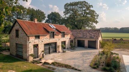 Fototapeta premium Renovated farmhouse with a barn and pasture AI generated illustration
