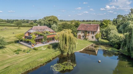 Obraz premium Renovated farmhouse with a barn and pond AI generated illustration